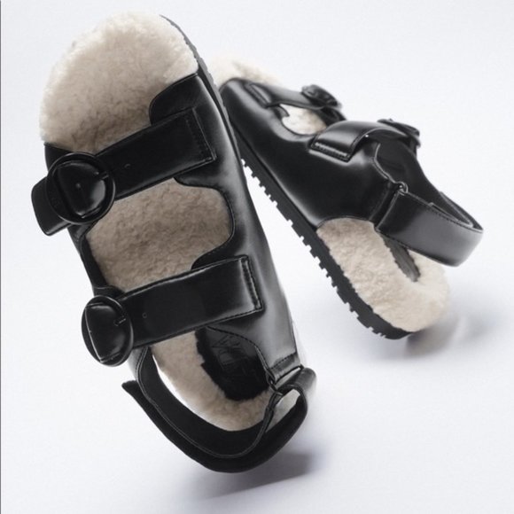 NEW! Zara Faux Leather Sandals Black Cream - 10 US